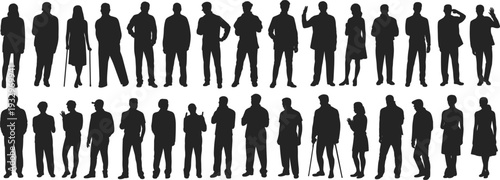 Diverse group of adult and child silhouettes in various poses and activities people woman