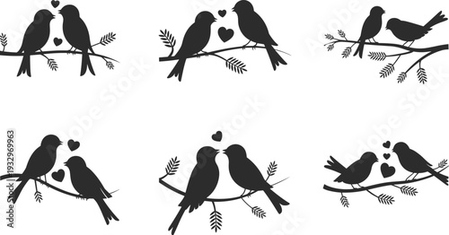 Bird couple silhouettes perched on branches with hearts and leaves for love, romance, nature, wildlife, and design themes