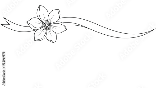 Elegant black and white outline drawing of a blooming flower intertwined with a graceful ribbon, ideal for decorative designs.