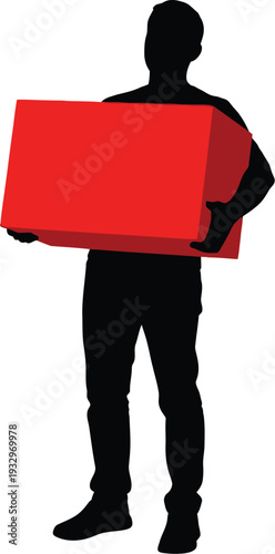 Delivery worker silhouette firmly grips a large, bright red, rectangular package against a stark white background for logistics.