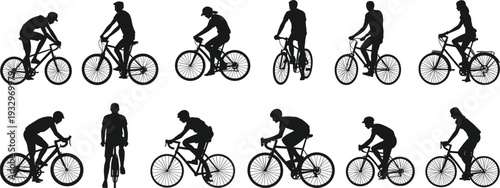 Diverse group of cyclist silhouettes in multiple poses and views on white background bicycle cycling