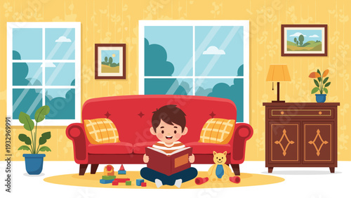 Small boy sits cross legged on a rug reading a big book in a comfortable living room with a red sofa and toys.