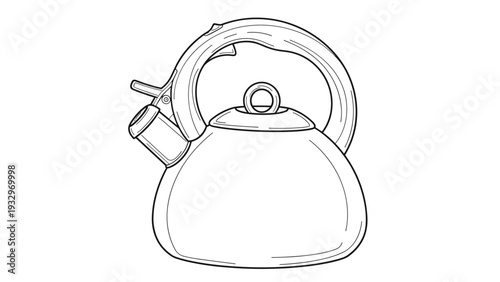 Simple black and white outline drawing of a classic stovetop kettle with a handle and spout, ideal for kitchen or tea-themed designs.