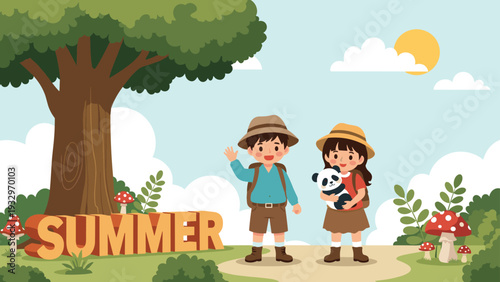 Pair of young adventurers stand in a forest clearing with a large summer sign and colorful mushrooms among the trees.