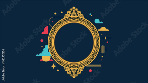 Luxurious ornate golden circular frame with intricate patterns, set against a dark blue background with abstract shapes and colors, creating a vibrant aesthetic.