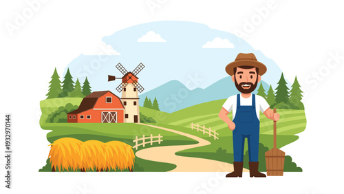Cheerful farmer in blue overalls stands proudly on his farm with a large red barn and a classic windmill behind him.