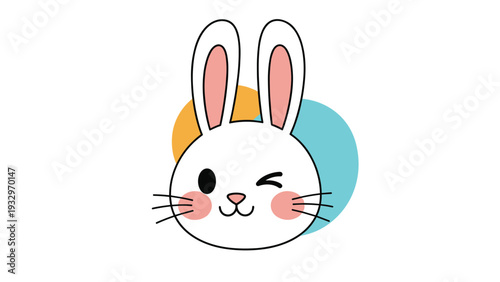 Adorable winking bunny face with rosy cheeks and long ears, set against vibrant orange and blue circles, radiating cuteness and playfulness.