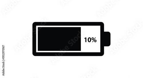 A simple black battery icon displays ten percent charge indicating low power and the need to recharge silhouette