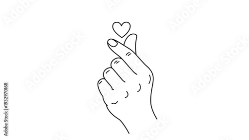 Simple black and white outline drawing of a hand making the popular Korean finger heart gesture, symbolizing love and affection.