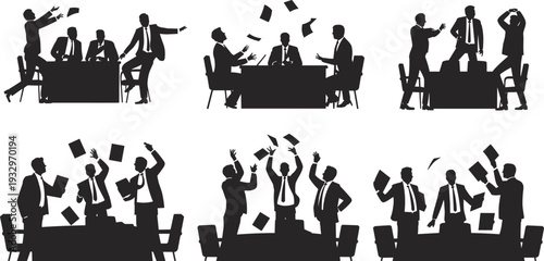 Business people silhouettes in office scenes with expressive poses, teamwork conflict, workplace stress, celebration, and dynamic discussion interactions