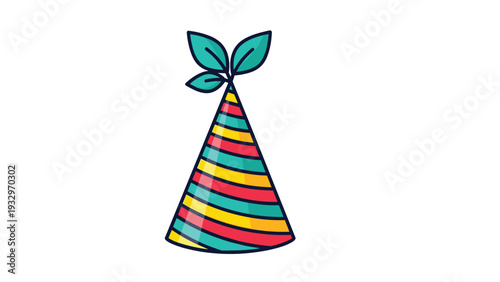 Festive and colorful striped party hat adorned with green leaves on top, perfect for celebrating birthdays and special occasions.