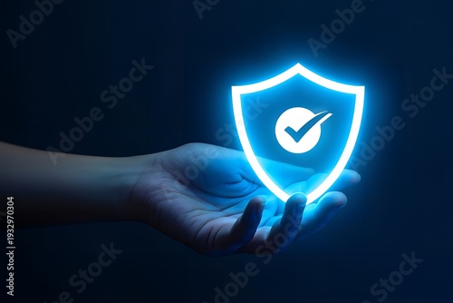 A hand holds a glowing blue shield with a checkmark in a dark background representing security and protection