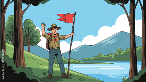 Young boy scout waves from a grassy hill while holding a flag with a calm lake and mountain range in the background.