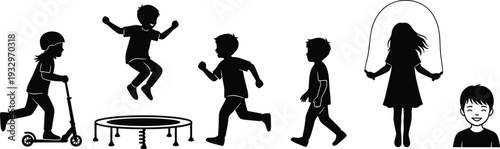 Black and white children silhouette illustration showing playful activities like scooter riding, trampoline jumping, running, skipping rope, and smiling together.