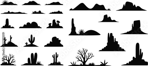 Desert landscape silhouettes with rocky formations, cacti, agave plants, and barren trees for nature, wilderness, and design themes