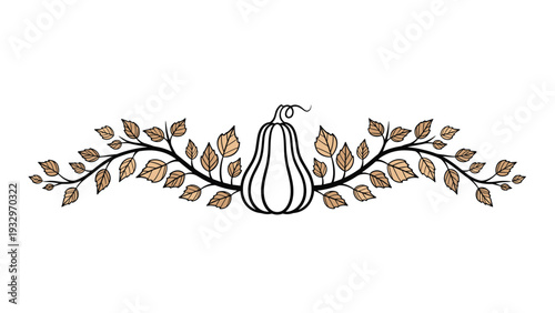 Elegant autumn border featuring a black outline pumpkin surrounded by warm brown fall leaves and winding vines, perfect for seasonal designs.