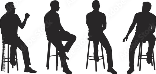 Four Silhouettes of Men Sitting on Bar Stools in Various Poses vector illustration