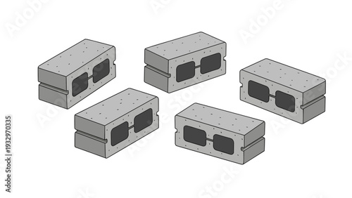 Realistic isometric illustration of five standard concrete blocks with internal dark rectangular openings, representing construction materials.