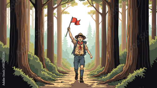 Determined boy scout marches through a dense forest of tall redwood trees while proudly carrying a small red flag.