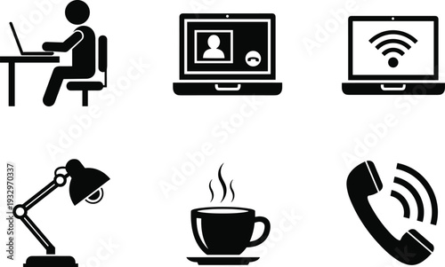 Remote Work Icon Set with Laptop Video Call WiFi Coffee and Desk Symbols Vector Illustration