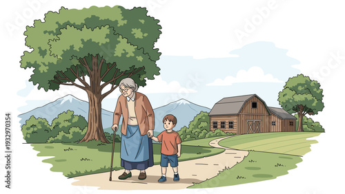 Kind elderly grandmother walks hand in hand with her grandson along a winding path near a rustic brown wooden barn.