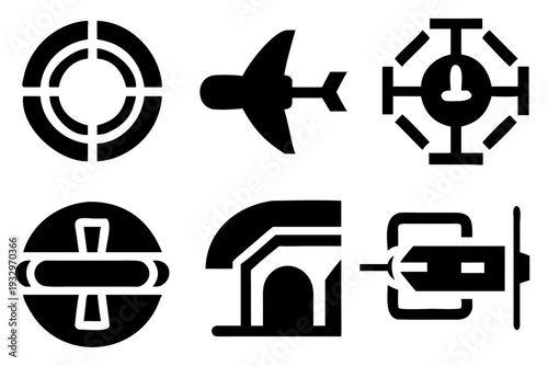 Transportation and Travel Icons: Airplane, Satellite, Airport Building, Drone