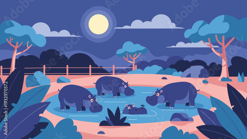 Group of hippopotamuses enjoys a cool dip in a pond at night under the soft light of a bright glowing full moon.