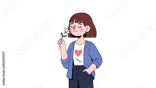 Joyful young woman with short hair gently smelling a white flower, conveying a sense of peace, happiness, and appreciation for nature.