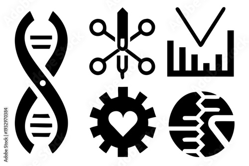 Science Icons: DNA, Scissors, Heart, Gear, Bar Chart, Scientific Research