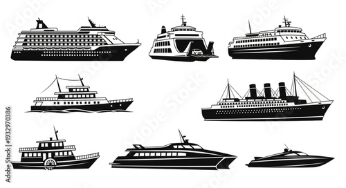 Collection of various detailed black and white illustrations of different types of boats.
