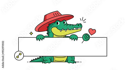 Friendly cartoon crocodile wearing a red hat leans over a blank white banner with a sweet heart and a lollipop.