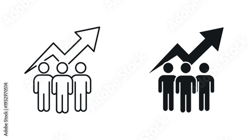 Team growth and success icons, people with increasing chart arrows