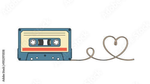 Retro cassette tape with its magnetic tape artfully forming a heart shape, symbolizing vintage music, love, and nostalgic feelings.