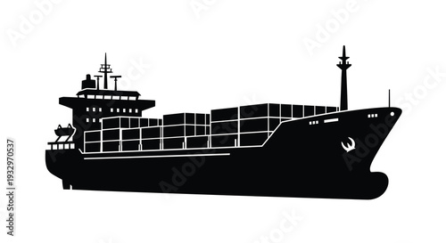 A striking black silhouette of a large cargo ship sailing on calm waters showcasing maritime industry and logistics silhouette