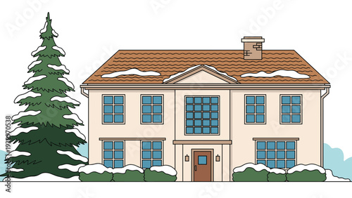 Charming winter house with a pitched roof and multiple windows, surrounded by snow-covered bushes and a tall pine tree, depicting a festive scene.