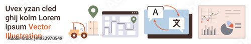 Navigation, translation tools, language services, data analysis, technology, global communication. Illustrated icons of a map, translation software and analytics graphs. Navigation and translation