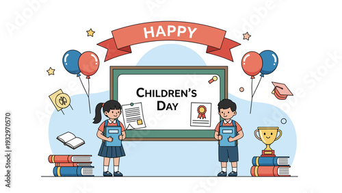 Happy children celebrate world childrens day in a classroom setting with a chalkboard books and a golden trophy.