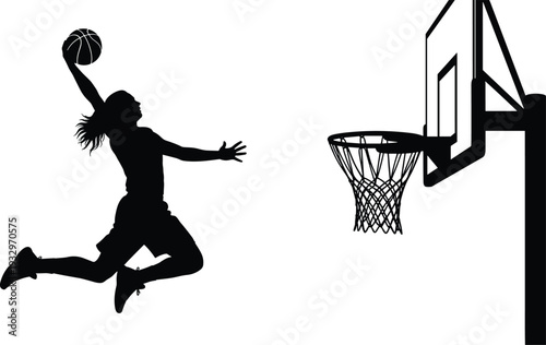 Silhouette of female basketball player jumping for slam dunk, woman athlete scoring point on hoop vector icon for sports posters.