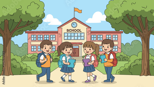 Four happy students wearing school uniforms and carrying backpacks walk together in front of their school building.