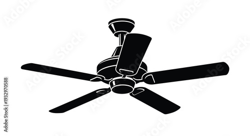 A stark black silhouette of a five bladed ceiling fan against a white background showcasing modern design silhouette high quality