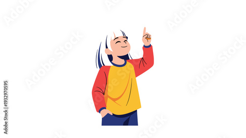 Cheerful young girl with short white hair happily pointing her finger upwards, conveying enthusiasm, direction, or a bright idea.