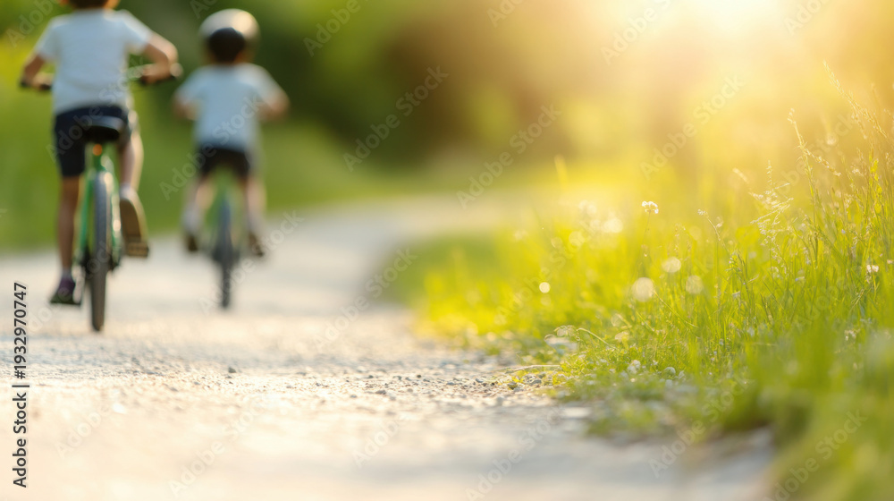 Obraz premium Children riding bicycles on a sunny path in a green park