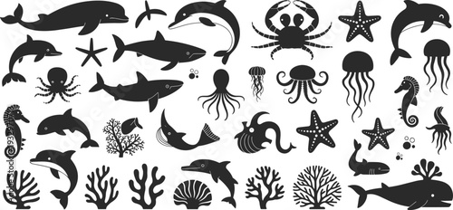 Ocean marine silhouettes with whales, dolphins, sharks, octopus, jellyfish, coral, seahorses, starfish, crabs, and diverse aquatic ecosystem elements