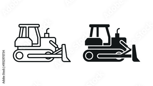 Bulldozer icons in outline and solid style for construction and industrial projects