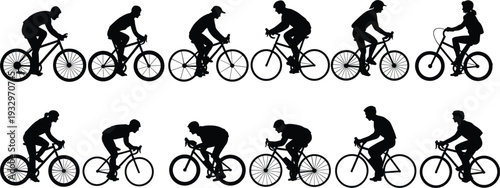 Silhouettes of Cyclists in Motion on Bicycles in Two Rows bike riding