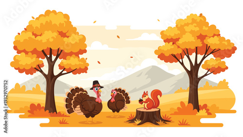 Two turkeys and a curious red squirrel gather in an autumn forest with vibrant orange leaves and distant mountains.