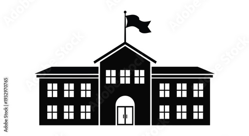 A stark black silhouette of a classic symmetrical building with a flag representing education and institutional architecture silhouette