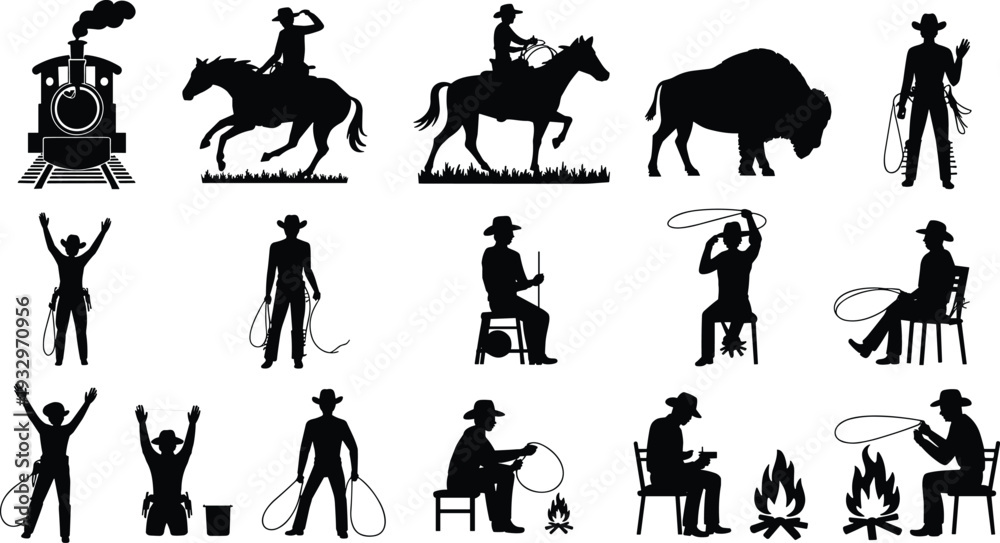 Fototapeta premium Wild West cowboy silhouettes with horses, lassos, steam locomotive, bison, campfire, and frontier lifestyle for Americana design themes