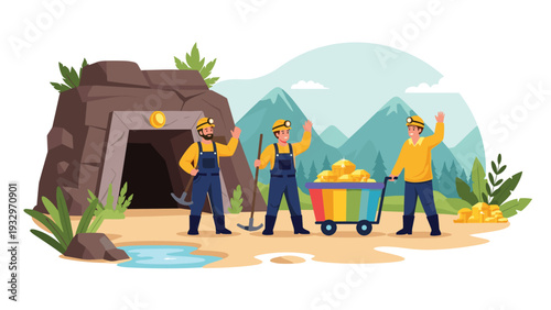 Three cheerful gold miners stand in front of a mine entrance with a cart full of shining golden nuggets and gems.