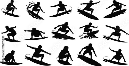 Large set of male surfer silhouettes riding ocean waves on surfboards, summer water sports icons, tropical beach vacation vector graphics.